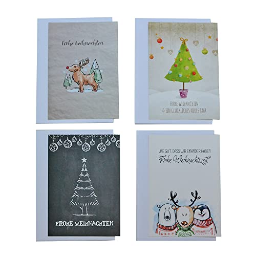 Feenstaub Weihnachtskarten Set inkl. C6 Kuverts, Grußkarten 4er Set, Weihnachtsbillets mit Kuvert, Frohe Weihnachten wünschen, Weihnachts Grußkarten, Tannenbaum, Rentier, Grußkarten Weihnachten von Feenstaub