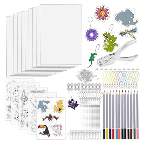Feeuid 218-Teiliges Set mit Schrumpffolien: 15 Folien, Schlüsselanhänger, Locher und Bleistifte zum Basteln. Perfekt für Kinder von Feeuid