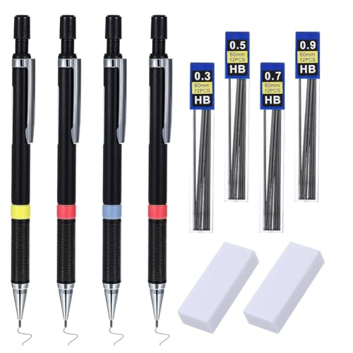 Fegtrtyoa 4-Teiliges Druckbleistift-Set mit 52 HB-Minen (0,3, 0,5, 0,7, 0,9 mm), Automatischer Bleistift mit 2 Radiergummis zum Skizzieren von Fegtrtyoa