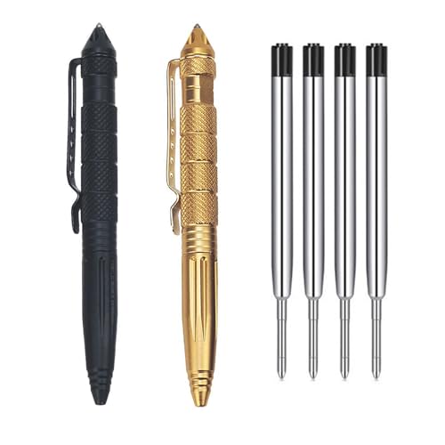 FeiOne 2 Stück Tactical Pen mit 4 Nachfüllpatronen – Taktischer Stift für Outdoor, Survival & Notfall | Multitool Kugelschreiber mit Gold & Schwarz von FeiOne