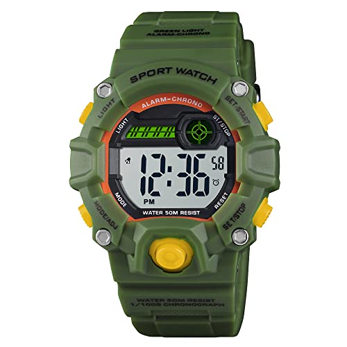 FeiWen Fashion Kinder Uhren 50M Wasserdicht Outdoor Sportuhr Plastik Lünetten mit Kautschuk Band LED Elektronik Alarm Stoppuhr Datum Digitaluhr Junge und Mädchen Armbanduhr (Grün) von FeiWen