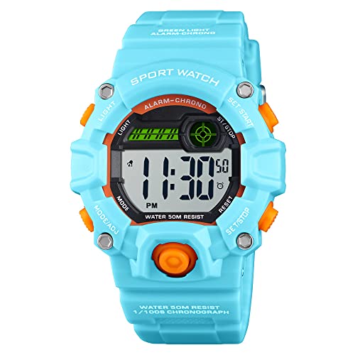 FeiWen Fashion Kinder Uhren 50M Wasserdicht Outdoor Sportuhr Plastik Lünetten mit Kautschuk Band LED Elektronik Alarm Stoppuhr Datum Digitaluhr Junge und Mädchen Armbanduhr (Hellblau) von FeiWen