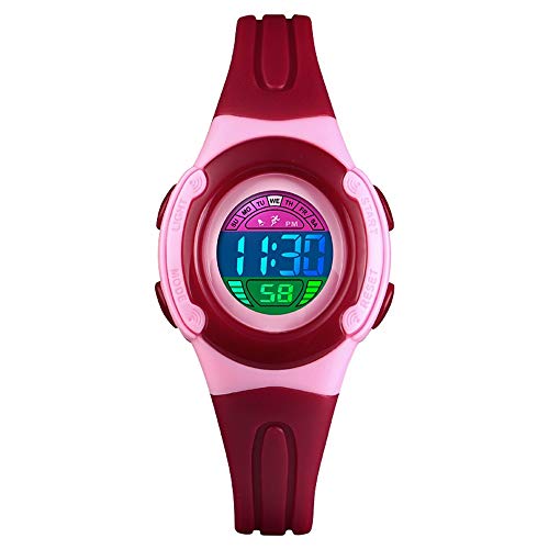 FeiWen Kinder Mehrfarbig LED Licht Outdoor Sport Digital Uhren Multifunktional Alarm Stoppuhr Datum Junge und Mädchen Plastik Armbanduhr 50M Wasserdicht (Rot) von FeiWen
