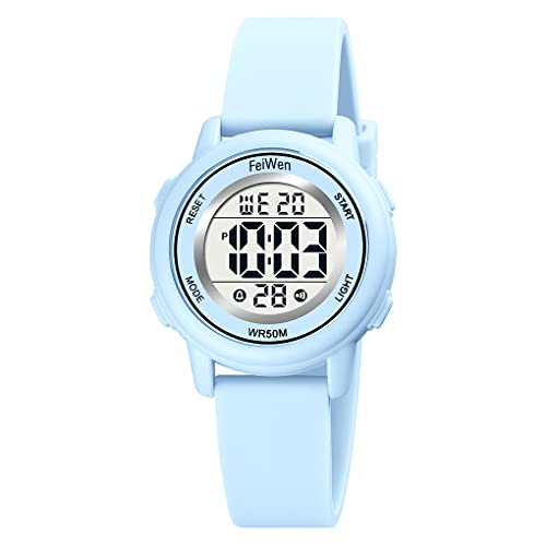 FeiWen Kinder Sport Digitaluhr Wasserdicht Uhren Plastik Armbanduhren mit Kautschuk Band Outdoor Multifunktional Mehrfarbig LED Licht Stoppuhr (Blau) von FeiWen