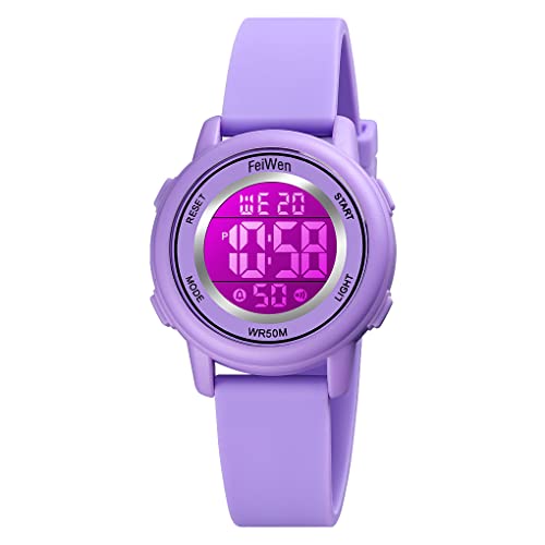 FeiWen Kinder Sport Digitaluhr Wasserdicht Uhren Plastik Armbanduhren mit Kautschuk Band Outdoor Multifunktional Mehrfarbig LED Licht Stoppuhr (Lila) von FeiWen