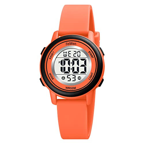 FeiWen Kinder Sport Digitaluhr Wasserdicht Uhren Plastik Armbanduhren mit Kautschuk Band Outdoor Multifunktional Mehrfarbig LED Licht Stoppuhr (Orange) von FeiWen