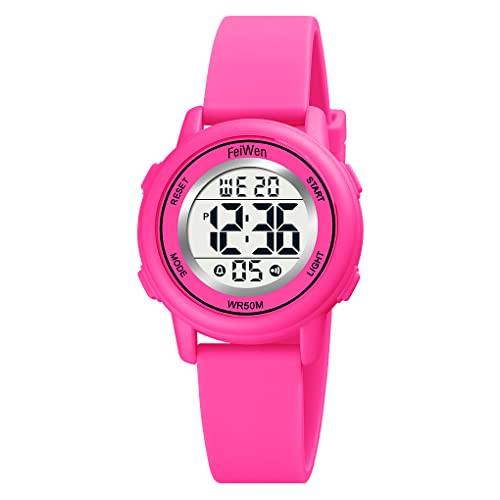 FeiWen Kinder Sport Digitaluhr Wasserdicht Uhren Plastik Armbanduhren mit Kautschuk Band Outdoor Multifunktional Mehrfarbig LED Licht Stoppuhr (Rosenrot) von FeiWen