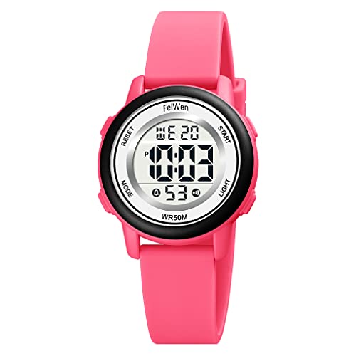 FeiWen Kinder Sport Digitaluhr Wasserdicht Uhren Plastik Armbanduhren mit Kautschuk Band Outdoor Multifunktional Mehrfarbig LED Licht Stoppuhr (Rot) von FeiWen