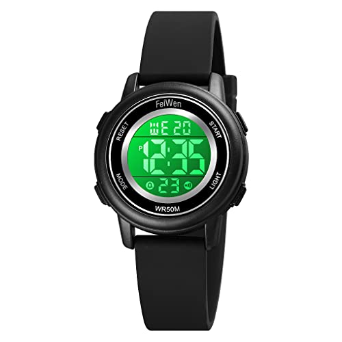 FeiWen Kinder Sport Digitaluhr Wasserdicht Uhren Plastik Armbanduhren mit Kautschuk Band Outdoor Multifunktional Mehrfarbig LED Licht Stoppuhr (Schwarz) von FeiWen