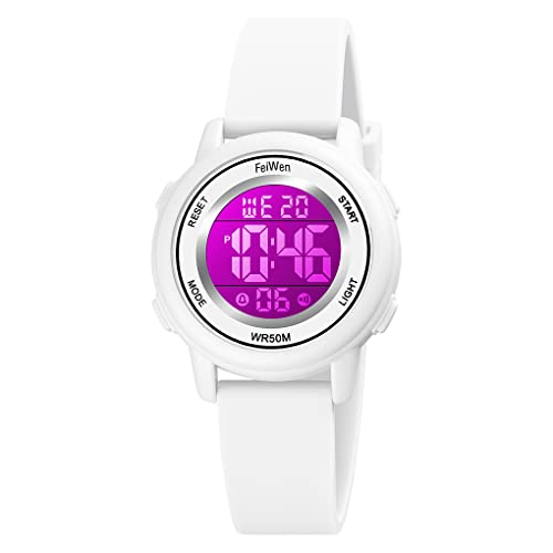 FeiWen Kinder Sport Digitaluhr Wasserdicht Uhren Plastik Armbanduhren mit Kautschuk Band Outdoor Multifunktional Mehrfarbig LED Licht Stoppuhr (Weiß) von FeiWen