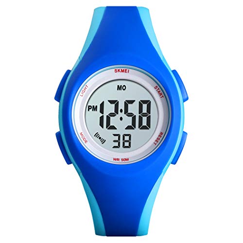 FeiWen Kinder Sport Plastik Lünetten mit Kautschuk Band LED Elektronik Digital Alarm Stoppuhr Uhren Junge und Mädchen Armbanduhr 50M Wasserdicht (Blau) von FeiWen