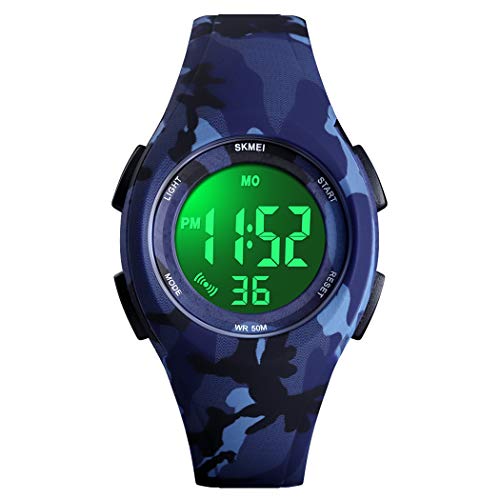 FeiWen Kinder Sport Plastik Lünetten mit Kautschuk Band LED Elektronik Digital Alarm Stoppuhr Uhren Junge und Mädchen Armbanduhr 50M Wasserdicht (Blau Camo) von FeiWen