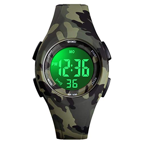 FeiWen Kinder Sport Plastik Lünetten mit Kautschuk Band LED Elektronik Digital Alarm Stoppuhr Uhren Junge und Mädchen Armbanduhr 50M Wasserdicht (Grün Camo) von FeiWen