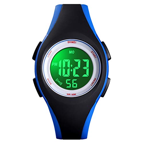 FeiWen Kinder Sport Plastik Lünetten mit Kautschuk Band LED Elektronik Digital Alarm Stoppuhr Uhren Junge und Mädchen Armbanduhr 50M Wasserdicht (Schwarz Blau) von FeiWen