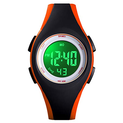 FeiWen Kinder Sport Plastik Lünetten mit Kautschuk Band LED Elektronik Digital Alarm Stoppuhr Uhren Junge und Mädchen Armbanduhr 50M Wasserdicht (Schwarz Orange) von FeiWen