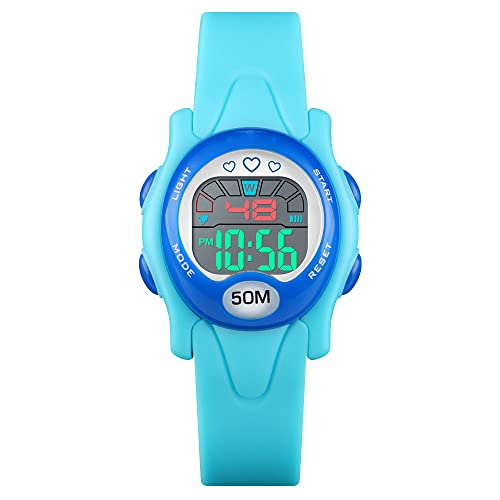 FeiWen Kinderuhr 50M Wasserdicht Outdoor Sportuhr LED Elektronik Alarm Stoppuhr Datum Digitaluhr Plastik Lünetten mit Kautschuk Band Uhren Junge und Mädchen Armbanduhr (Hellblau) von FeiWen