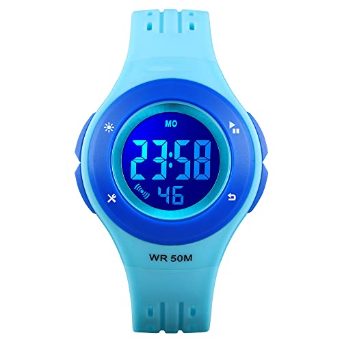 FeiWen Kinderuhr Mehrfarbig LED Beleuchtung 50M Wasserdicht Sportuhr Plastik mit Kautschuk Outdoor Militär Uhren Elektronik Alarm Stoppuhr Digital Junge Mädchen Armbanduhr (Blau) von FeiWen