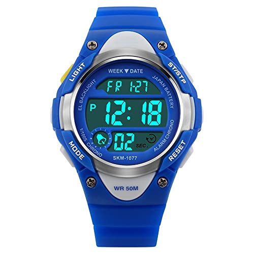 FeiWen Multifunktional Kinder Uhren Digital Sport Outdoor Militär Plastik Armbanduhren mit Kautschuk Band 50M Wasserdicht LED Beleuchtung Alarm Kalender Stoppuhr Blau von FeiWen