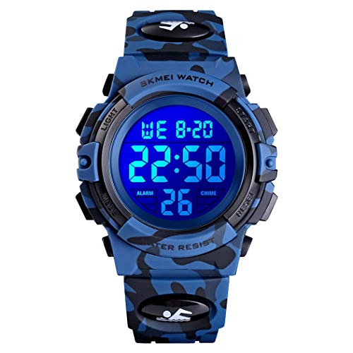 FeiWen Unisex Digitaluhr 50M Wasserdicht Sportuhr Mehrfarbig LED Beleuchtung Kinder Sport Uhren Plastik Alarm Stoppuhr Armbanduhren (Dunkelblau) von FeiWen