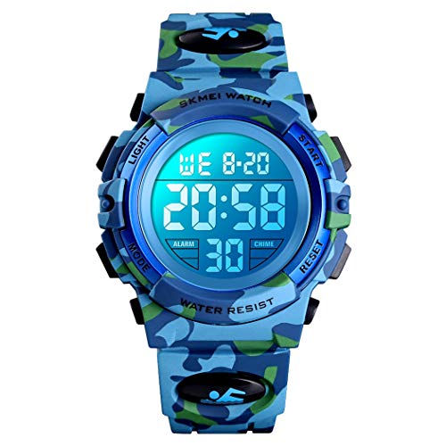 FeiWen Unisex Digitaluhr 50M Wasserdicht Sportuhr Mehrfarbig LED Beleuchtung Kinder Sport Uhren Plastik Alarm Stoppuhr Armbanduhren (Hellblau) von FeiWen
