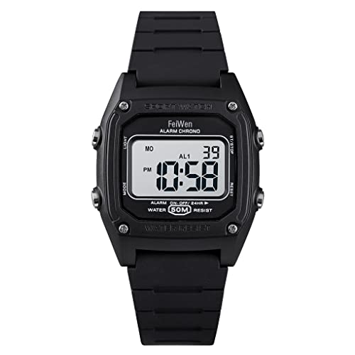 FeiWen Unisex Jungen und Mädchen Sport Uhren Wasserdicht LED Elektronik Multifunktional Outdoor Digitaluhr Alarm Stoppuhr Plastik Lünetten mit Kautschuk Band Armbanduhr (Schwarz) von FeiWen