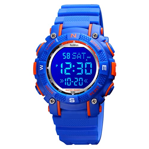 FeiWen Unisex Kinder Sport Uhren Digitaluhr Wasserdicht Sportuhr Mehrfarbig LED Beleuchtung Alarm Stoppuhr Plastik Armbanduhren und Kautschuk Band (Blau) von FeiWen