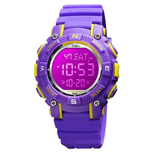 FeiWen Unisex Kinder Sport Uhren Digitaluhr Wasserdicht Sportuhr Mehrfarbig LED Beleuchtung Alarm Stoppuhr Plastik Armbanduhren und Kautschuk Band (Lila) von FeiWen