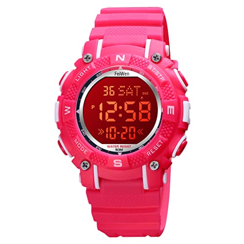 FeiWen Unisex Kinder Sport Uhren Digitaluhr Wasserdicht Sportuhr Mehrfarbig LED Beleuchtung Alarm Stoppuhr Plastik Armbanduhren und Kautschuk Band (Rot) von FeiWen