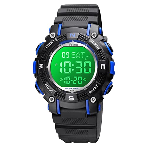 FeiWen Unisex Kinder Sport Uhren Digitaluhr Wasserdicht Sportuhr Mehrfarbig LED Beleuchtung Alarm Stoppuhr Plastik Armbanduhren und Kautschuk Band (Schwarz) von FeiWen