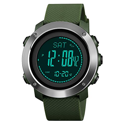 FeiWen Unisex Outdoor Multifunktional Sport Digitale Uhren LED Doppelte Zeit Kompass Schrittzähler Höhenmesser Luftdruck Thermometer Kalorie Armbanduhren mit Kautschuk Band (Grün 2) von FeiWen