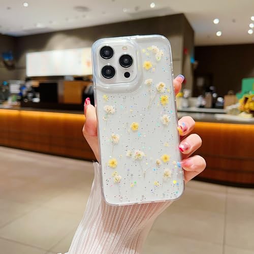 Feibili Kompatibel mit iPhone 15 Pro Max Flower Case, Soft Clear Flexible Rubber Pressed Dry Real Flowers Case Girls Glitter Floral Cover Clear Case with Flowers for iPhone 15 Pro Max Yellow von Feibili