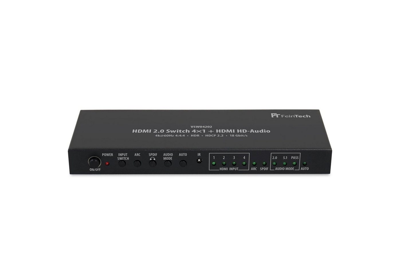 FeinTech HDMI-Splitter VSW04202 HDMI-Switch 4K 60Hz 4 In 1 Out + HDMI-Audio Out, extrahiert HD-Audio & Dolby Atmos von FeinTech