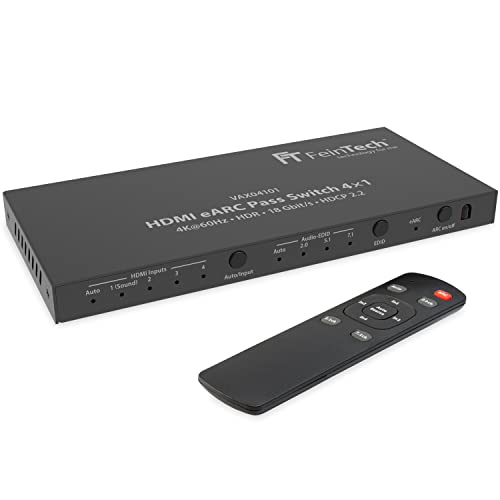 FeinTech VAX04101A HDMI eARC Pass Switch 4x1, für 3 HDMI-Quellen, Soundbar und TV Beamer 4K HDR Dolby Atmos von FeinTech