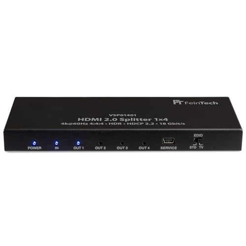 FeinTech VSP01401 HDMI 2.0 Splitter 1 auf 4 Verteiler Ultra-HD 4K@60Hz YUV 4:4:4 HDR HDCP 2.2 EDID 18 Gbps von FeinTech