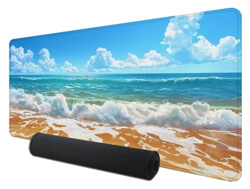 Gaming Mauspad XXL 1000 x 500 mm, Strand Mousepad Groß mit Vernähte Kanten WassXerdicht Anti-Rutsch, XXL Mousepad Wellen Schreibtischunterlage für Laptop, Verbessert Präzision und Geschwindigkeit Q-6 von Feionnug