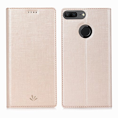 Feitenn Honor 9 Lite Hülle, dünne Premium PU Leder Flip Handy Schutzhülle | TPU-Stoßstange, Magnetverschluss, Kartenschlitz, Kameraschutz- und Standfunktion Brieftasche Etui (Gold) von Feitenn