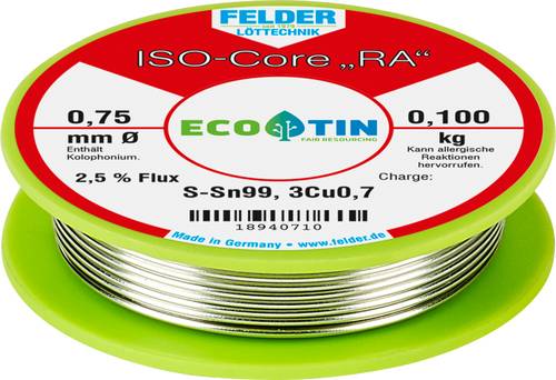 Felder Löttechnik ISO-Core  RA  Sn99Cu1 Lötzinn, bleifrei Spule Sn99,3Cu0,7 0.100kg 0.75mm von Felder Löttechnik