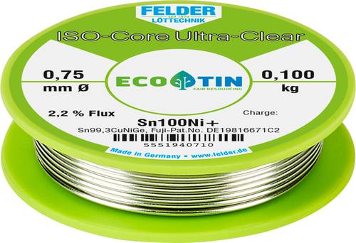 Felder Löttechnik ISO-Core  Ultra-Clear  Sn100Ni+ Lötzinn, bleifrei Spule Sn99,25Cu0,7Ni0,05 0. von Felder Löttechnik