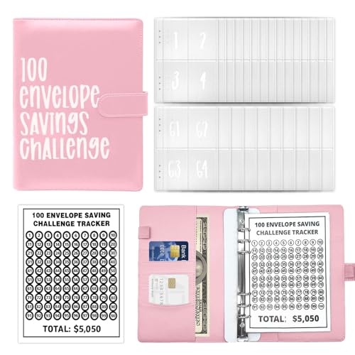 Feliciay 100 Briefumschläge, Sparbuch mit Geldumschlägen, lustige Budget-Herausforderungen für Geld, einfacher Geldordner, Organizer für Paare, Büros, Zuhause, Schule (Rosa) von Feliciay