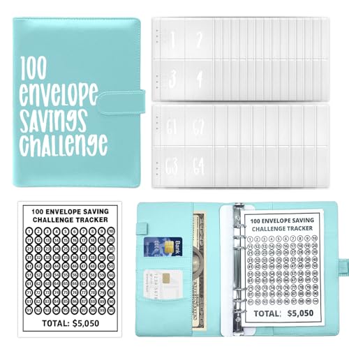 Feliciay 100 Briefumschläge, Sparbuch mit Geldumschlägen, lustige Budget-Herausforderungen für Geld, einfacher Geldordner, Organizer für Paare, Büros, Zuhause, Schule (blau) von Feliciay