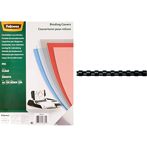 Fellowes 5376102 Klarsicht Deckblatt aus PVC, A4 Format, 200 mic Stärke, transparent, Pack mit 100 Stück & 5346108 Binderücken für Plastikbindung, 10 mm Durchmesser, 21 Ringe,schwarz, 100 Stück von Fellowes