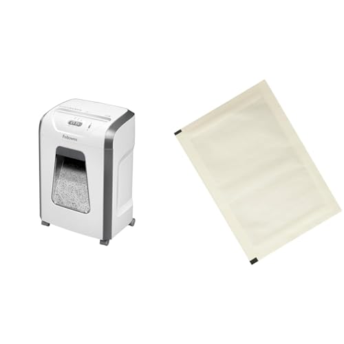 Fellowes Aktenvernichter, Papierschredder für 12 Blatt Partikelschnitt & Amazon Basics - Schmiermittelblätter für Aktenvernichter, 12er-Pack Automatisch, Mikroschnitt, Weiß von Fellowes