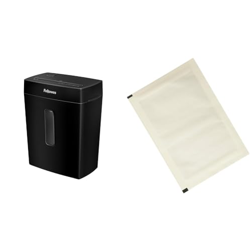 Fellowes Aktenvernichter, Papierschredder für 8 Blatt Partikelschnitt & Amazon Basics - Schmiermittelblätter für Aktenvernichter, 12er-Pack Automatisch, Mikroschnitt, Weiß von Fellowes