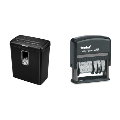 Fellowes Aktenvernichter 6 Blatt Partikelschnitt (P4) & Trodat Printy 4817 Wortbanddrehstempel, Datum Plus 12 Texte – Selbstfärbend, Abdruck schwarz, 47 x 4 mm von Fellowes
