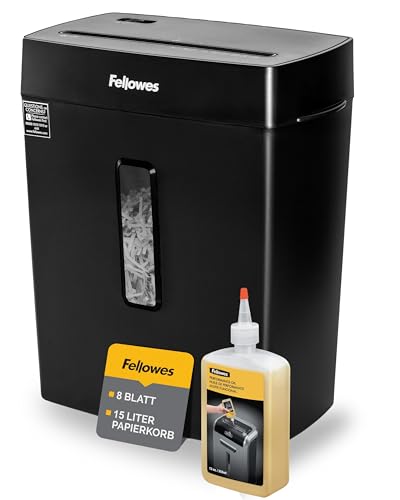 Fellowes Aktenvernichter FS-8C Premium Bundle mit Öl, Papierschredder, 8-Blatt-Partikelschnitt, Aktenvernichter P4, Schredder für Büro und Homeoffice, 15L Papierkorb, verarbeitet Kreditkarten, Schwarz von Fellowes