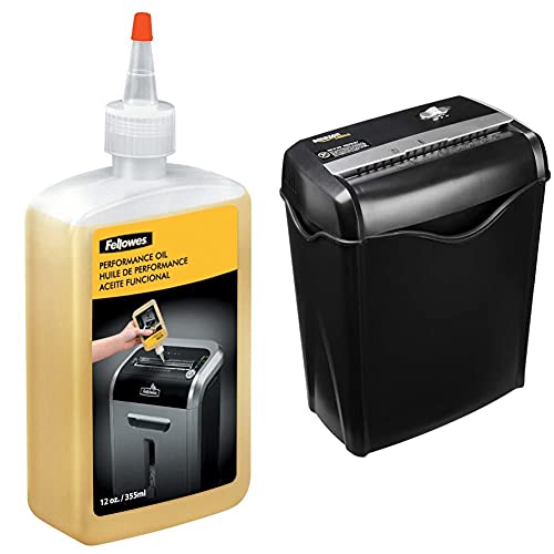 Fellowes Aktenvernichter-Öl, Inhalt: 355 ml & Amazon Basics Aktenvernichter, 5-6 Blatt Kreuzschnitt, für Papier und Plastikkarten von Fellowes