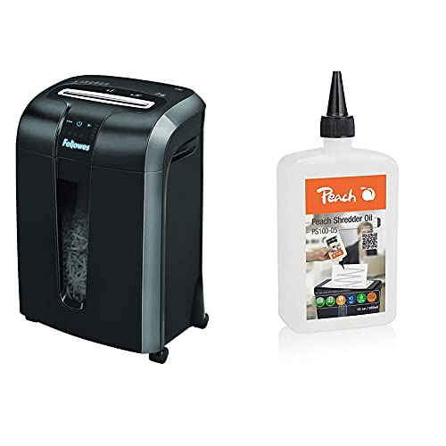 Fellowes Aktenvernichter Powershred 73Ci, Partikelschnitt 12 Blatt, 100% Staufrei & Peach Aktenvernichter-Öl PS100-05 |Inhalt 355 ml | die Pflege für Ihren Aktenvernichter von Fellowes