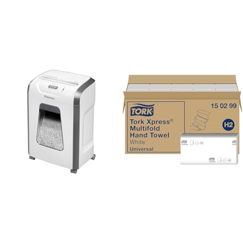 Fellowes Aktenvernichter & Tork Xpress Multifold Papierhandtücher 150299 - H2 Universal Falthandtücher für Handtuchspender - mehrfach gefaltet, 2-lagig, weiß - 20 x 237 Tücher von Fellowes