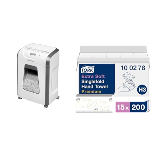 Fellowes Aktenvernichter & Tork extra weiche Zickzack Papierhandtücher Premium 100278 - H3 Falthandtücher für Zickzack Papierhandtuchspender - besonders saugfähig, 2-lagig, weiß - 15 x 200 Tücher von Fellowes