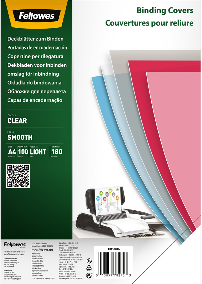 Fellowes Deckblatt, DIN A4, PET, transparent, 0,18 mm von Fellowes